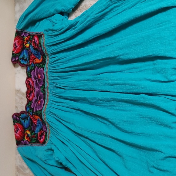 Mexican Turquoise Blouse with Multicolor Embroidery - Picture 9 of 11